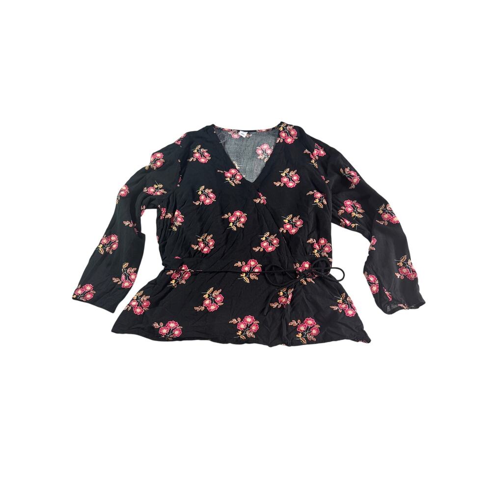Old Navy Womens L Black Floral Faux Wrap Top Tie Waist Long Sleeve Viscose